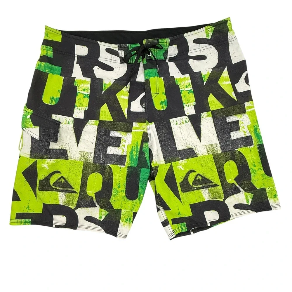 Quiksilver Board Shorts Mens 42 Green Graphic Print Logo Side Pocket Stretch‎